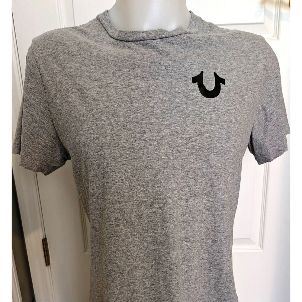 True Religion Men T-Shirt Large L Gray Double Sided Horseshoe Back Graphic Logo